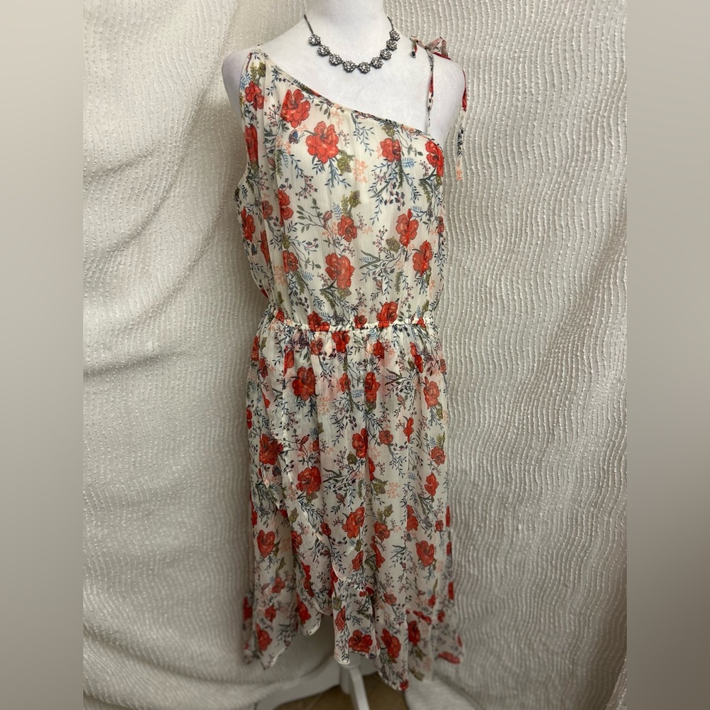 Abercrombie Fitch One Shoulder Floral Dress Tall Large White Red Ruffle